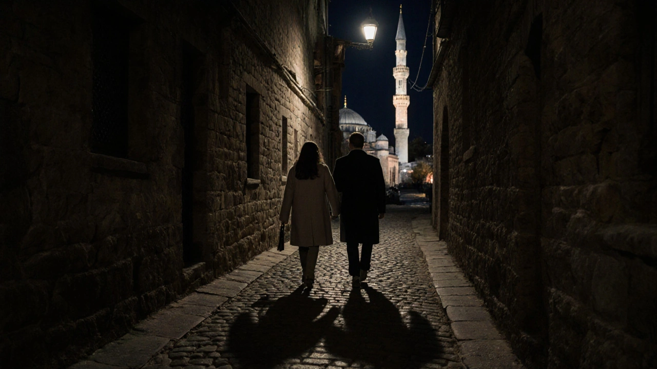 İki kişi, Topkapı&#039;nın taş sokaklarında ay ışığında sessizce yürüyor, minareler arka planda.