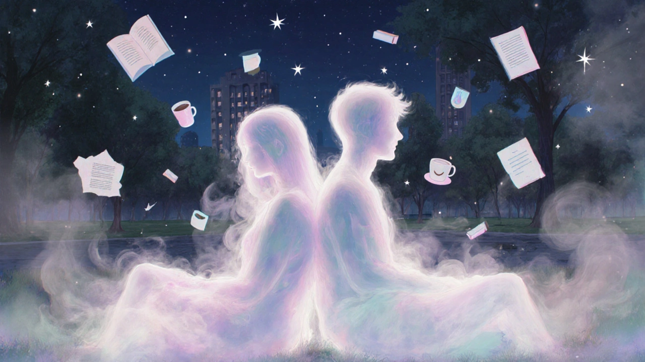 İki transparan siluet, gece parkında arka arkaya oturmuş, hatları birbirine karışıyor, hafif ışıklarla çevrili.