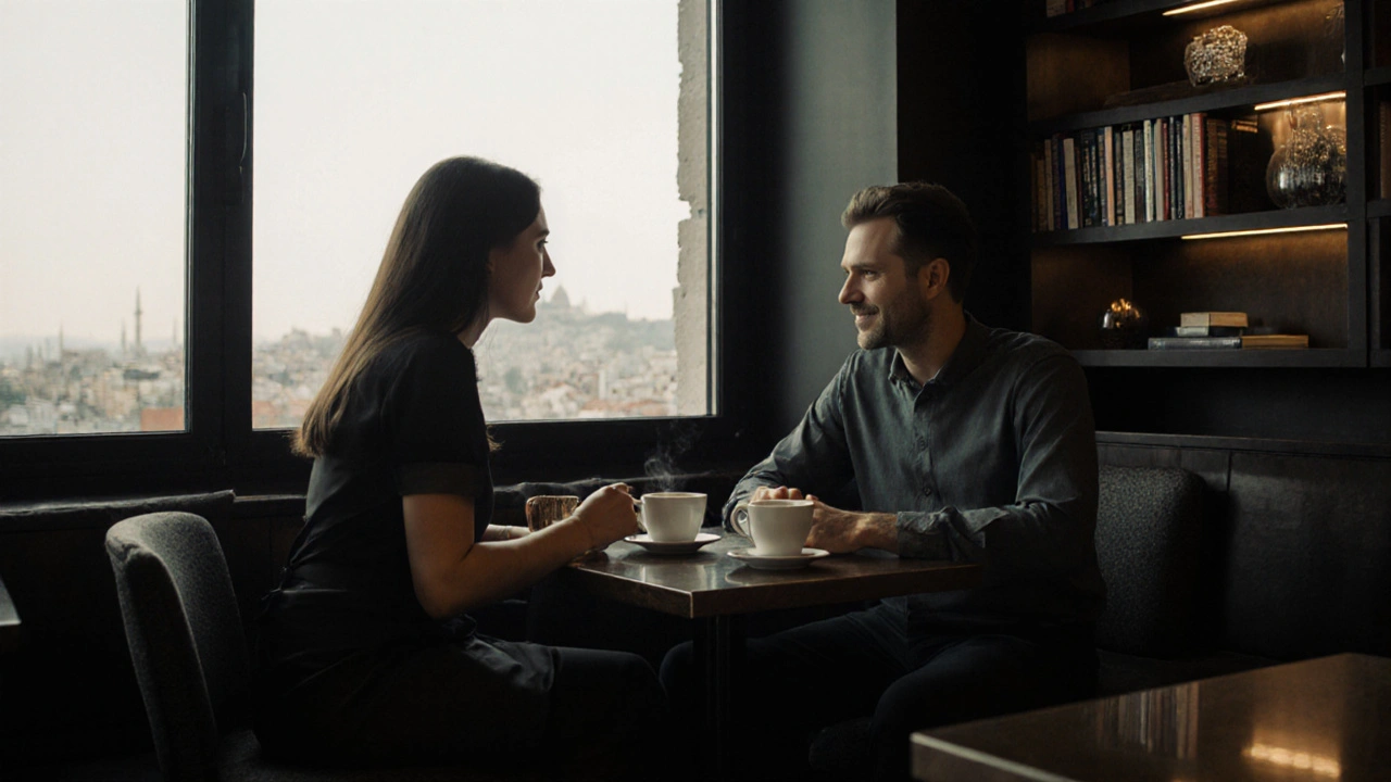 İstanbul'da bir kafe'de sohbet eden bir hizmet veren ve müşteri.