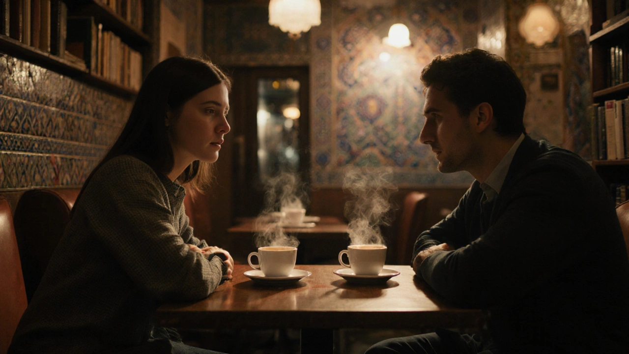 İstanbul&#039;da bir kafede, iki kişi kahve içerek sohbet ediyor.