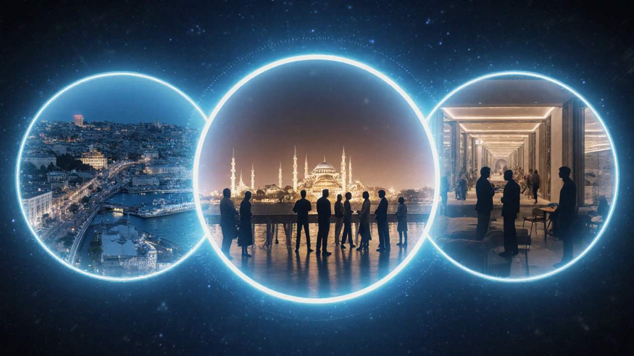 İstanbul&#039;da güvenli buluşma noktaları olan Beşiktaş, Ortaköy ve bir otel lobisi simgeleniyor.