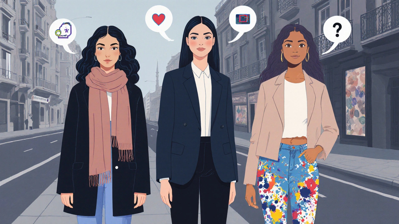 İstanbul&#039;un farklı semtlerindeki çeşitli kadınlar, iletişim ve sınırlar sembolleriyle.