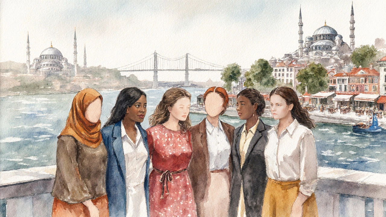 İstanbul&#039;un kültürel köprüsünü temsil eden çeşitli kadın figürleri.