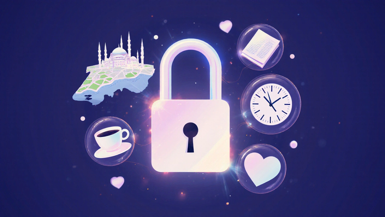 İstanbul&#039;un ruhunu temsil eden semboller: kahve, kitap, saat ve kalp ışıkla parlıyor.