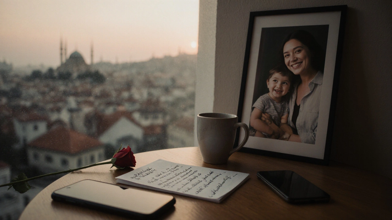 İstanbul manzaralı bir masada, bir çiçek ve kahve fincanıyla bir not bulunuyor.