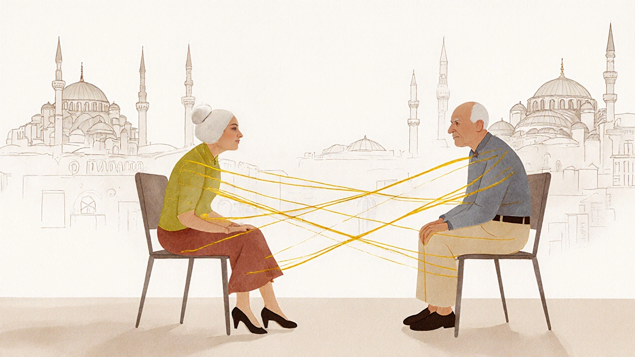 İstanbul sembollerinin arka planında duygusal bir bağın soyut temsili.