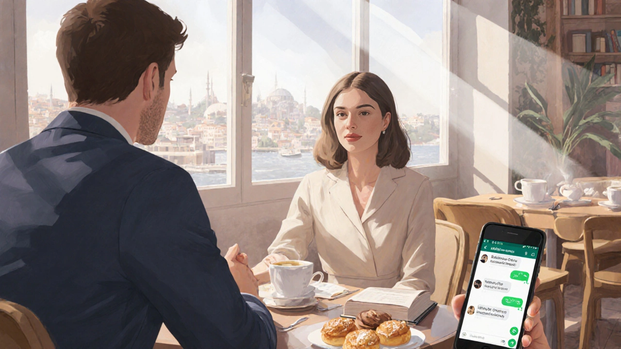 Kadıköy&#039;de bir kadının kafe&#039;de bir müşteriyle sakin bir sohbet yaptığı sahne.