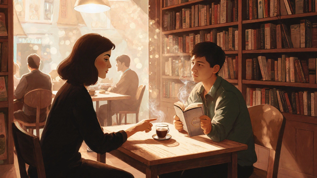 Kadıköy&#039;de bir kitapçı kafesinde Türk kahvesi içen bir kadın ve erkek.