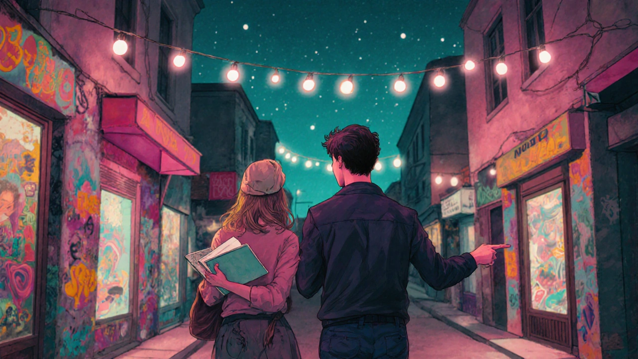 Kadıköy Moda&#039;da bir kadın ve erkek sokak sanatı ve ışıklar arasında yürüyor.