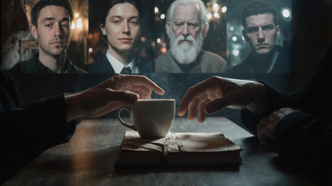 Kahve kupası ve günlük arasında uzanan iki el, duygusal bir bağın sembolü.