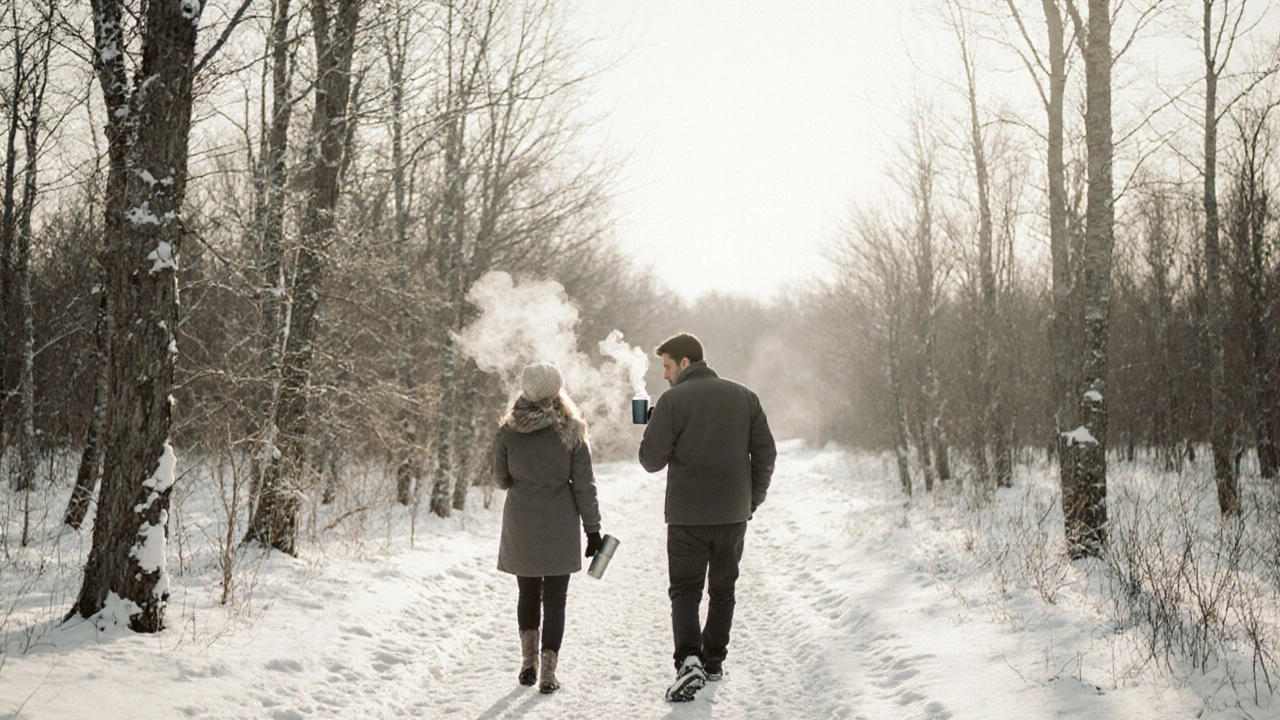 Kumburgaz&#039;da kış günü, bir kadın ve erkek ormanda sakin bir yürüyüş yapıyor.