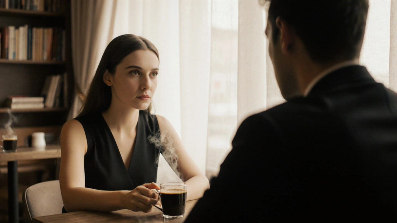 Kumburgaz&#039;da sakin bir kafede, iki kişi kahve içerek sessiz bir bağlantı kuruyor.