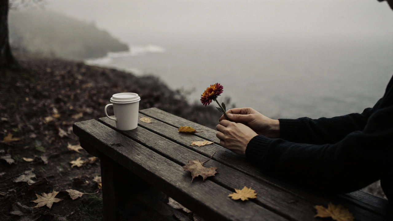 Kumburgaz sahilinde bir banka üzerine bırakılmış bir çiçek ve kahve kupası.
