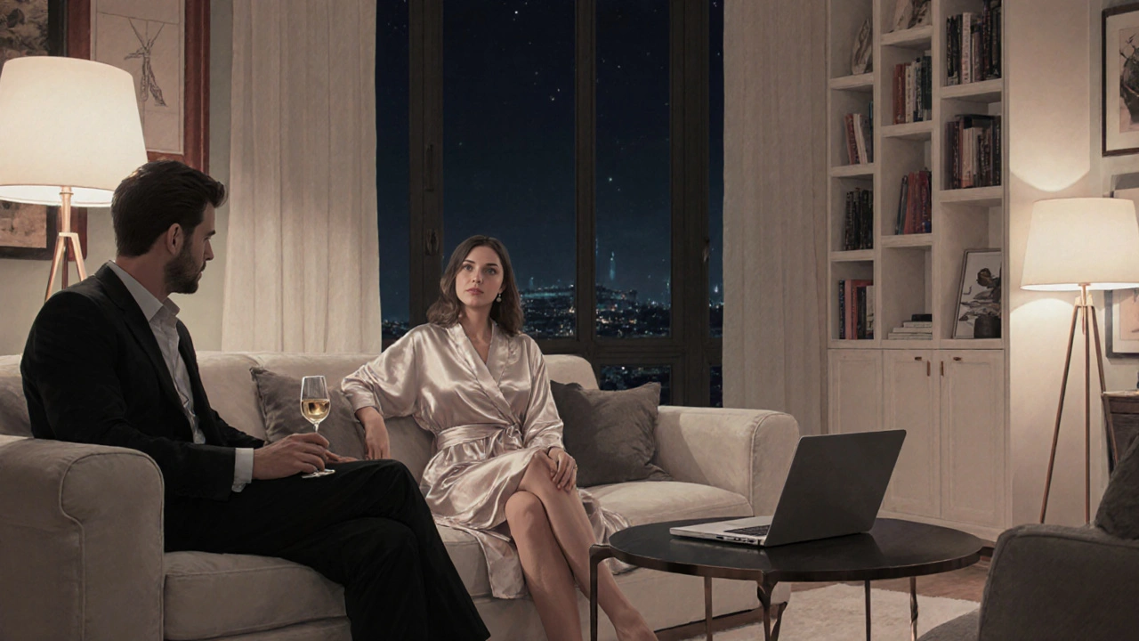 Lüks bir apartmanda, bir kadın ve müşteri sakin bir ortamda sohbet ediyor.