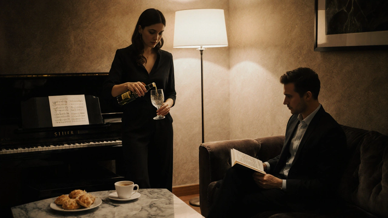 Lüks bir evde şarap dökülürken kitap okuyan bir çift.