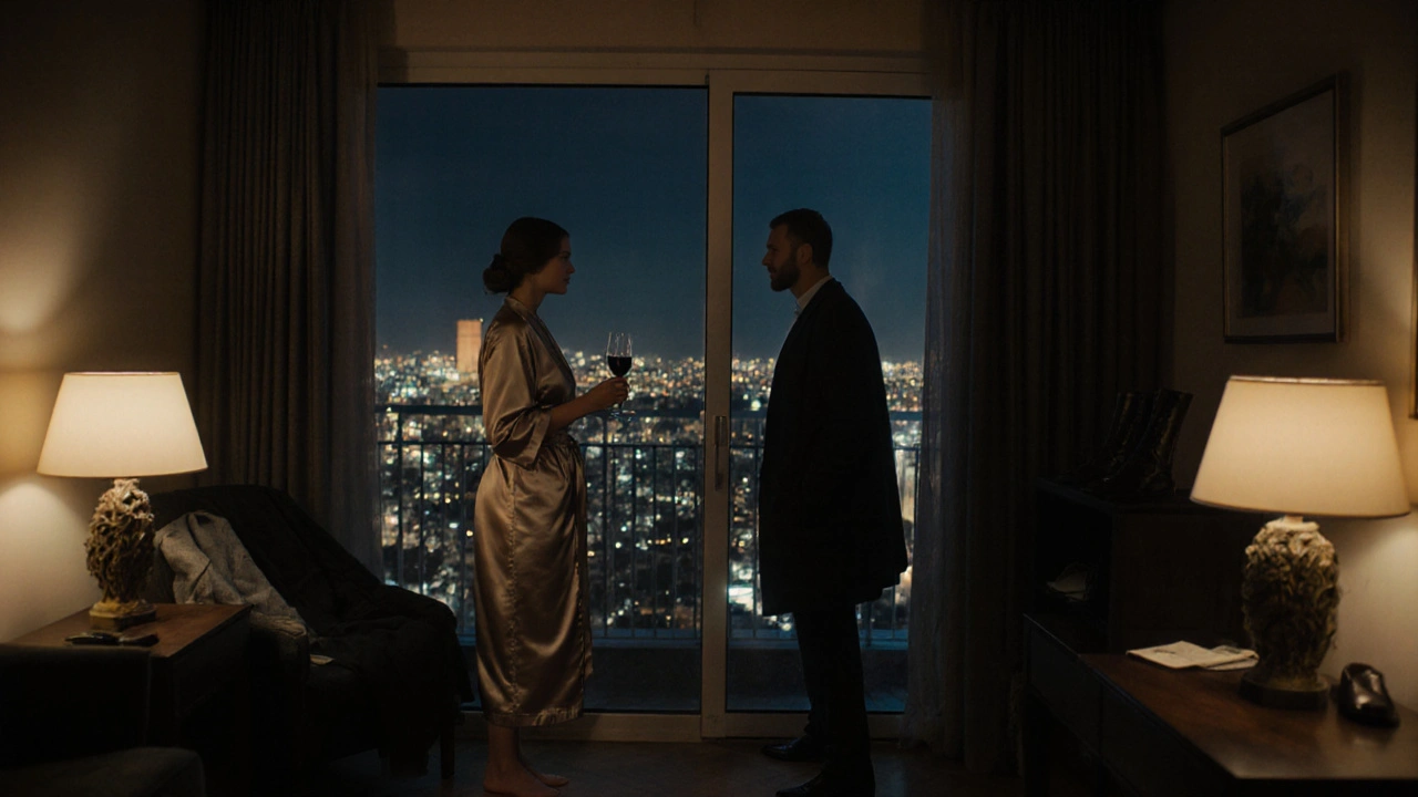 Nişantaşı&#039;da bir apartmanda, olgun bir kadın pencereden şehir manzarasını izliyor.