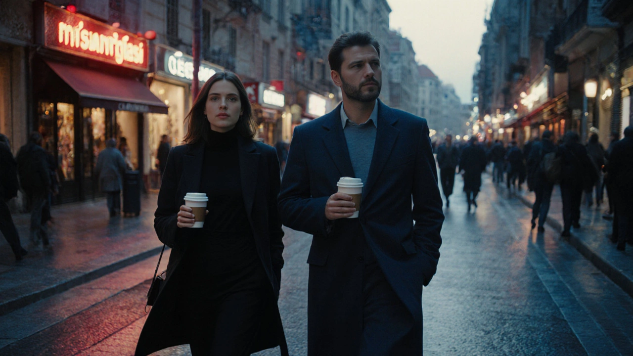 Nişantaşı&#039;da bir kadın ve müşteri, kahveyle şehirde yürüyor.