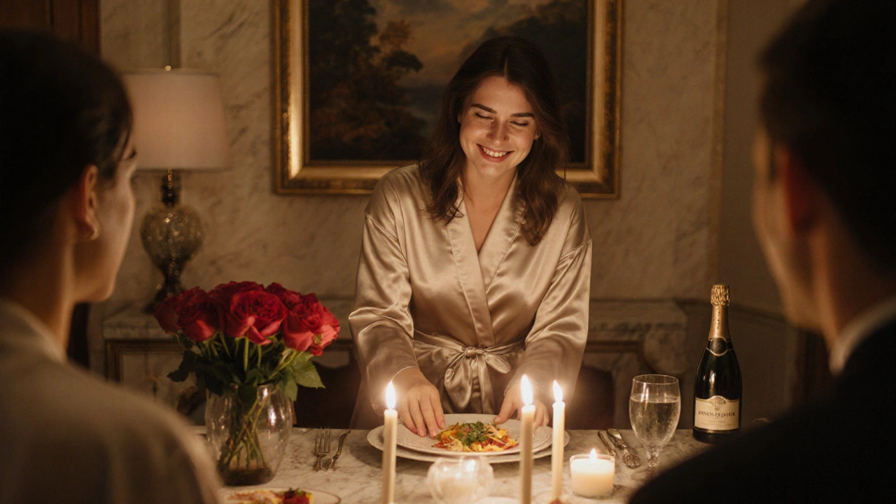 Nişantaşı&#039;da bir Rus kadın, bir erkeğe özel bir akşam yemeği hazırlıyor, mumlar ve çiçeklerle aydınlatılmış bir masa etrafında.
