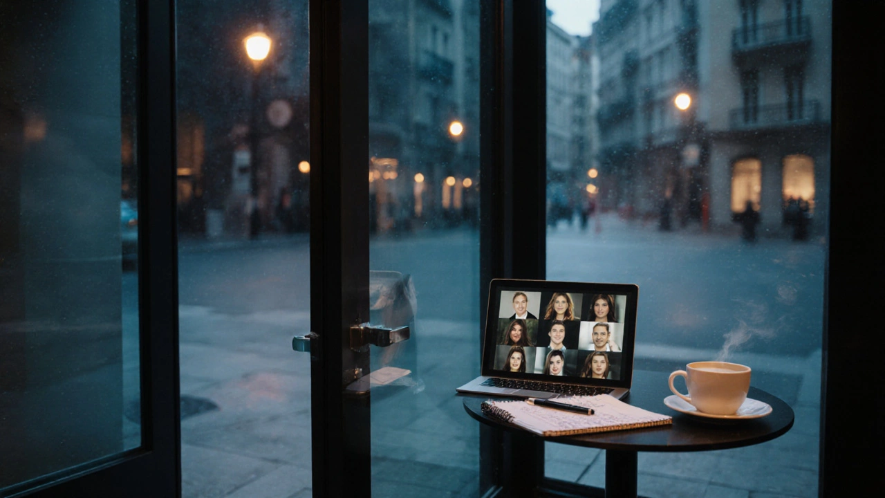 Ortaköy&#039;de şeffaf bir ajans ofisinin içinden ışık sızıyor, kahve kupası ve bilgisayar görünüyor.