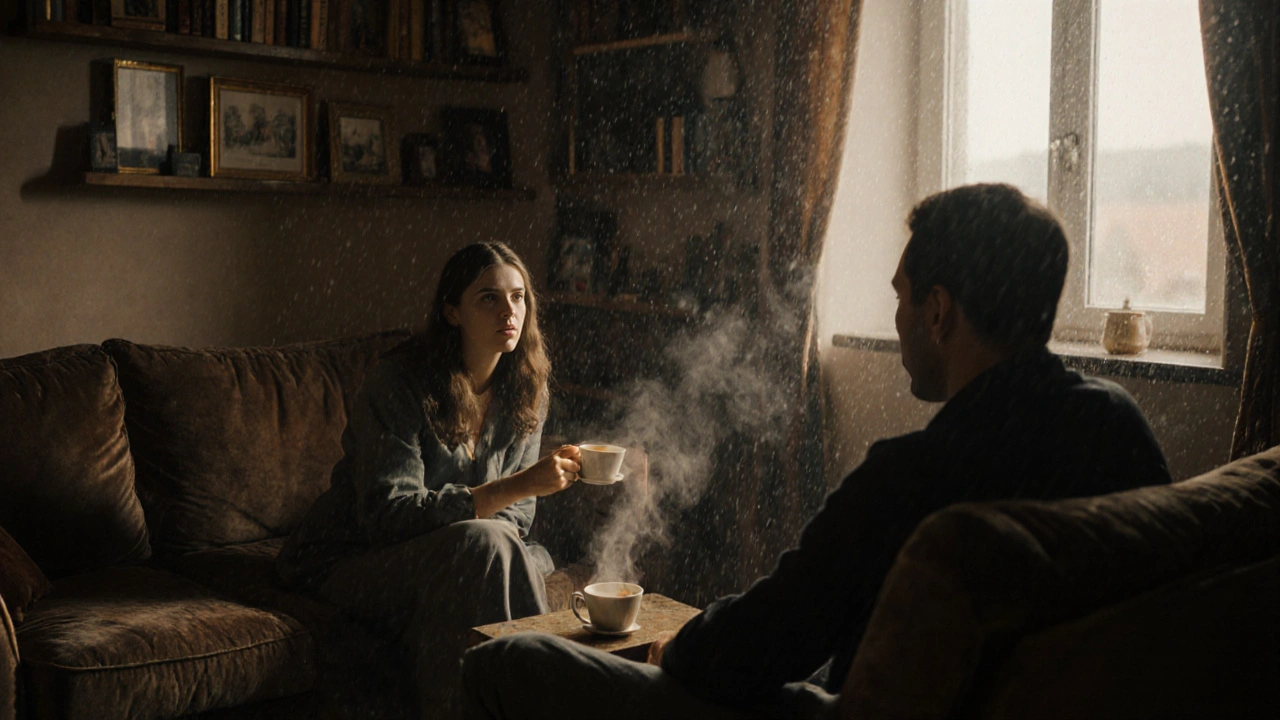 Sıcak bir oturakta çay içen bir kadın ve erkek, sessiz bir an paylaşırken.