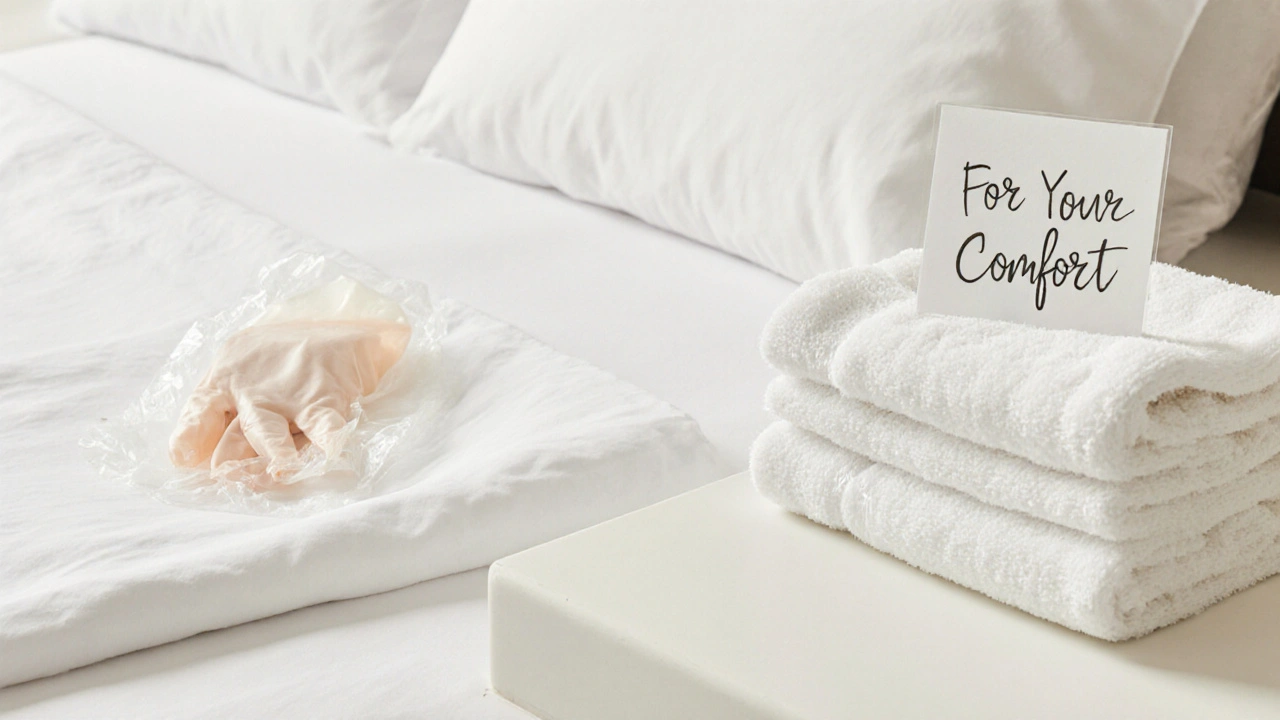 Temiz yatak çarşafı, havlular ve tek kullanımlık eldivenler, hijyen ve özeni simgeliyor.