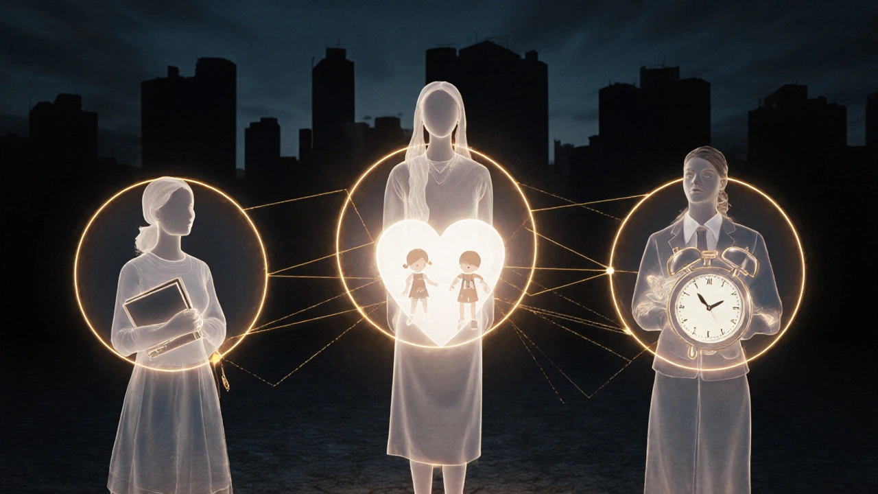 Üç farklı kadın, sembolik nesnelerle birlikte ışık içinde duruyor, aralarında ince altın bağlar var.