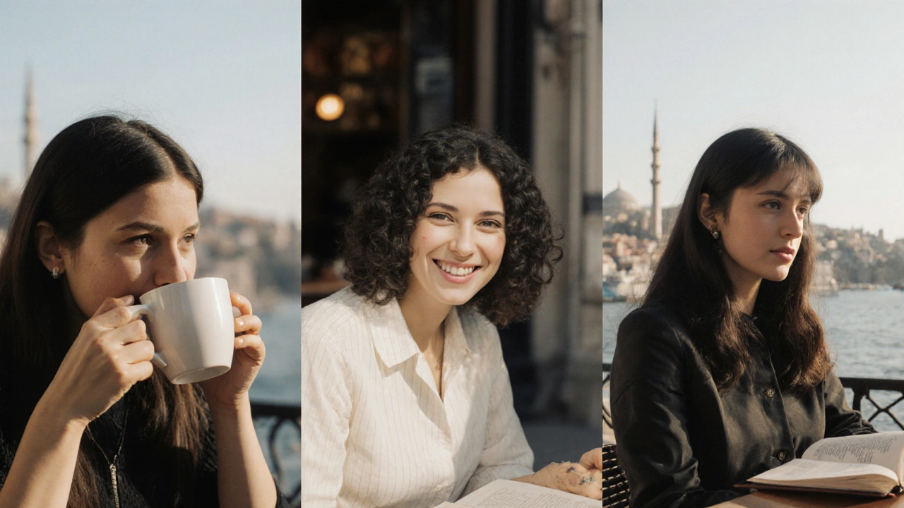 Üç farklı kültürlü kadın, Ortaköy manzarası önünde farklı davranışlar sergiliyor.