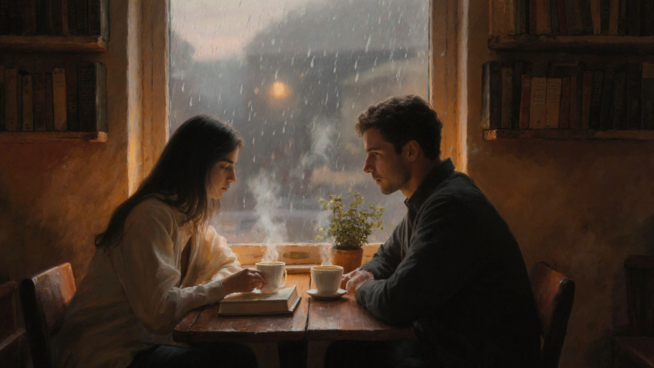 Yakuplu&#039;da bir kafede kitap okuyan bir kadın ve sakin bir erkek, sıcak ışıkta kahve içiyor.