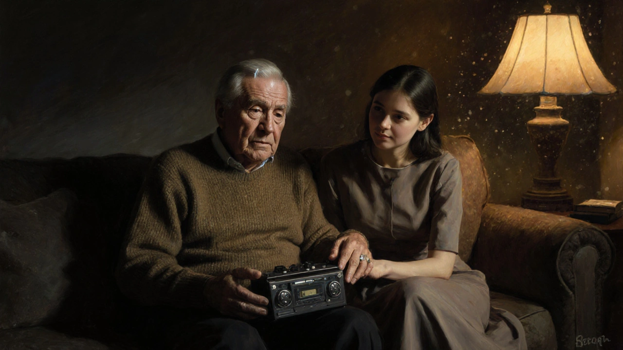 Yaşlı bir erkek ve bir kadın, eski bir kaset çalarak sessiz bir geceyi paylaşır.