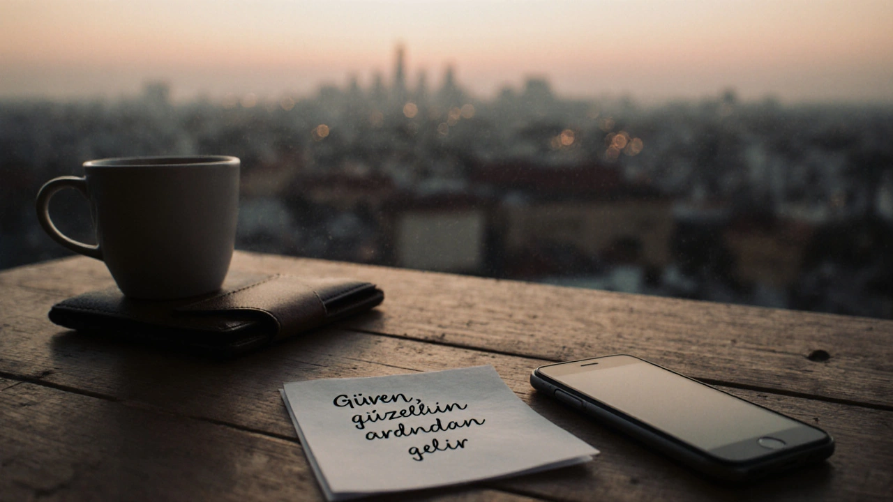 Yazılı not, telefon ve kahve ile birlikte &#039;güven&#039; mesajı gösteriliyor.