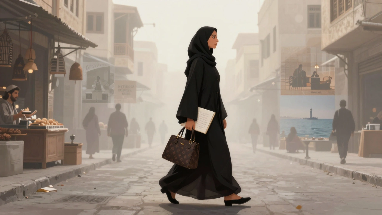 Bebek'te sabah sisinde yürüyen Suudi kadın, geçmişinin izlerini taşıyan bir yolculuk sembolü.