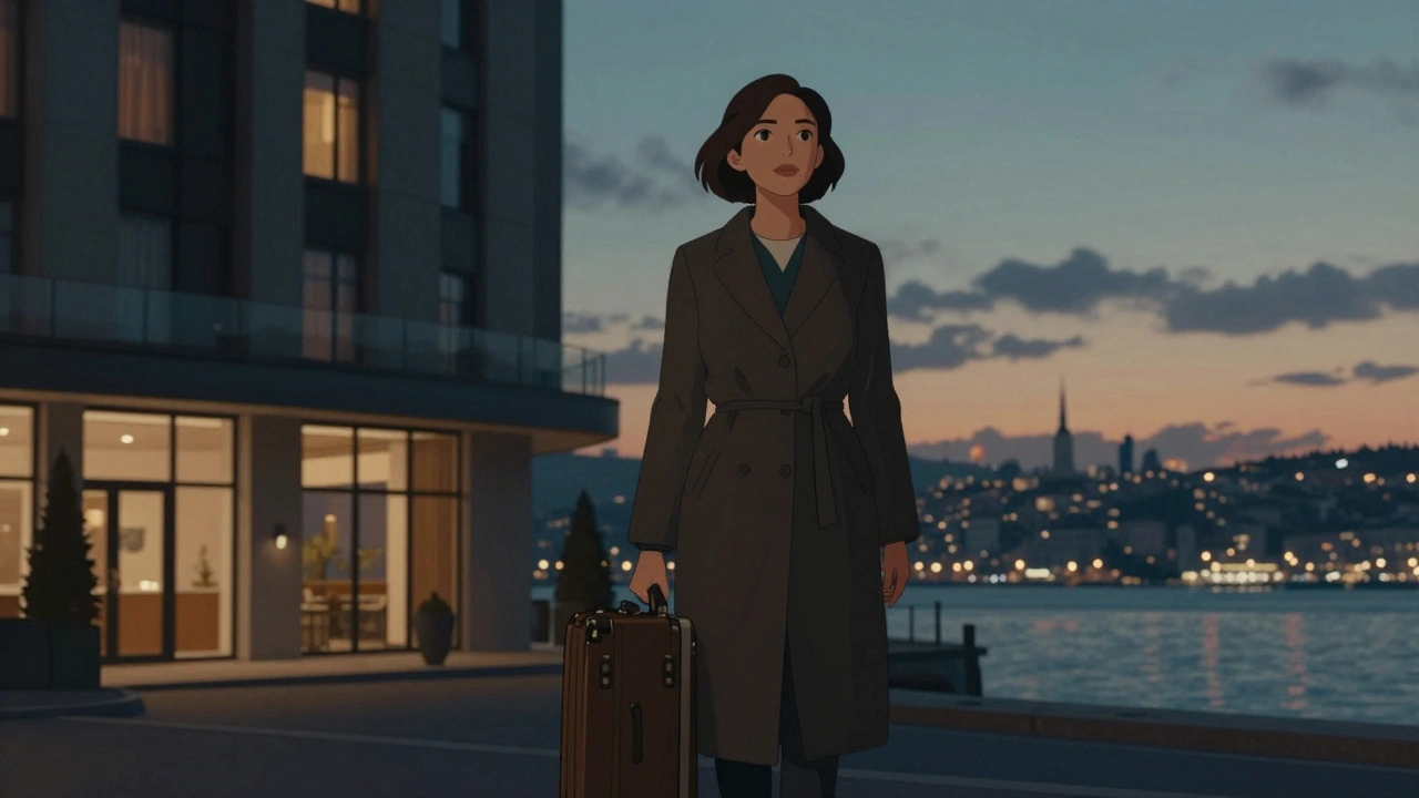 Beşiktaş&#039;ta bir otel önünde valizli, gecenin başlangıcında güvenle duran bir kadın.