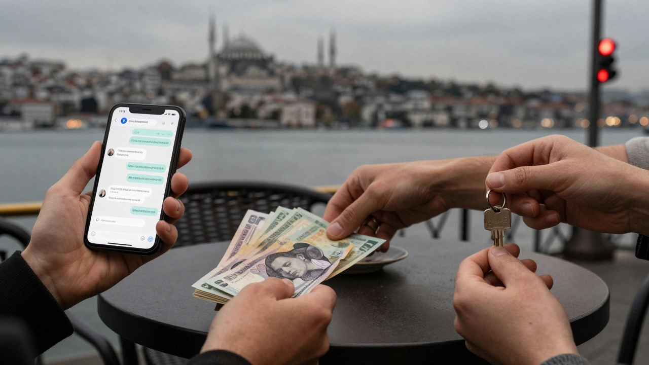 Bir akıllı telefon, nakit para ve bir otele anahtar, İstanbul manzarasının arka planında.