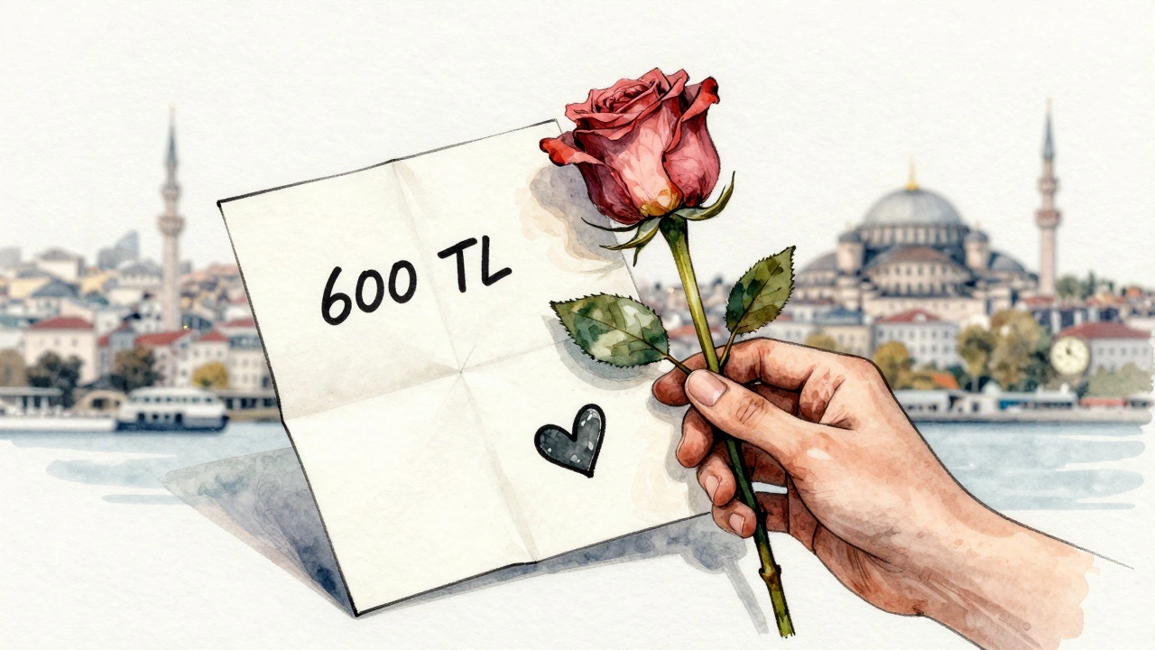 Bir gül ve el yazısı ile 600 TL yazan bir kağıt, saygı ve gerçeklik sembolü olarak.