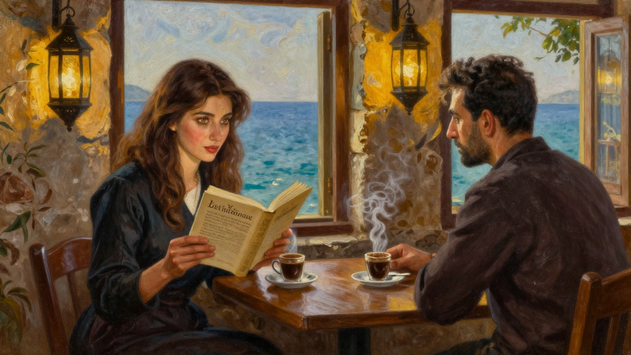 Bir kadın, bir erkeğe bir Türk aşk şiirini okuyor, kafe içinde sıcak ışıklarla aydınlatılmış.