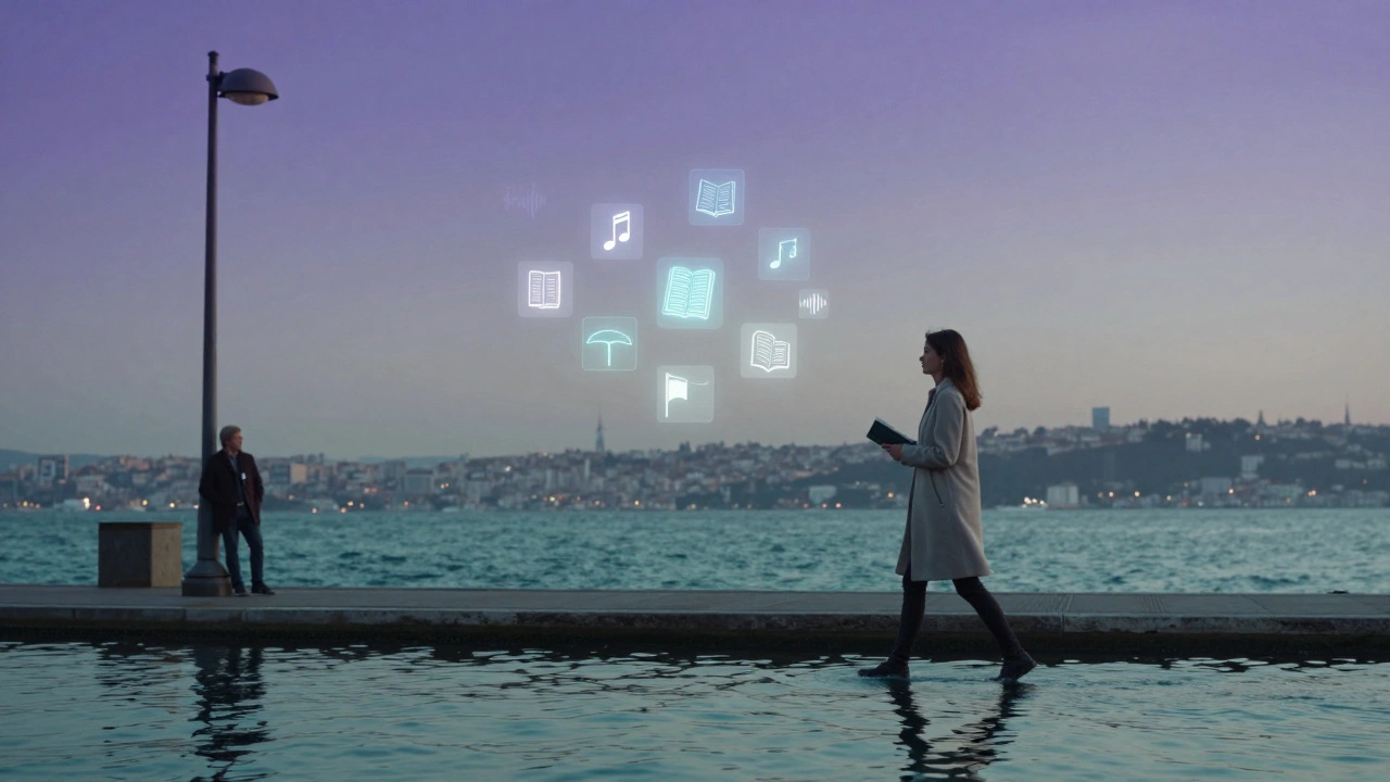 Bir kadın Boğaz kıyısında kitapla yürüyor, arka planda teknolojik veri simgeleri.