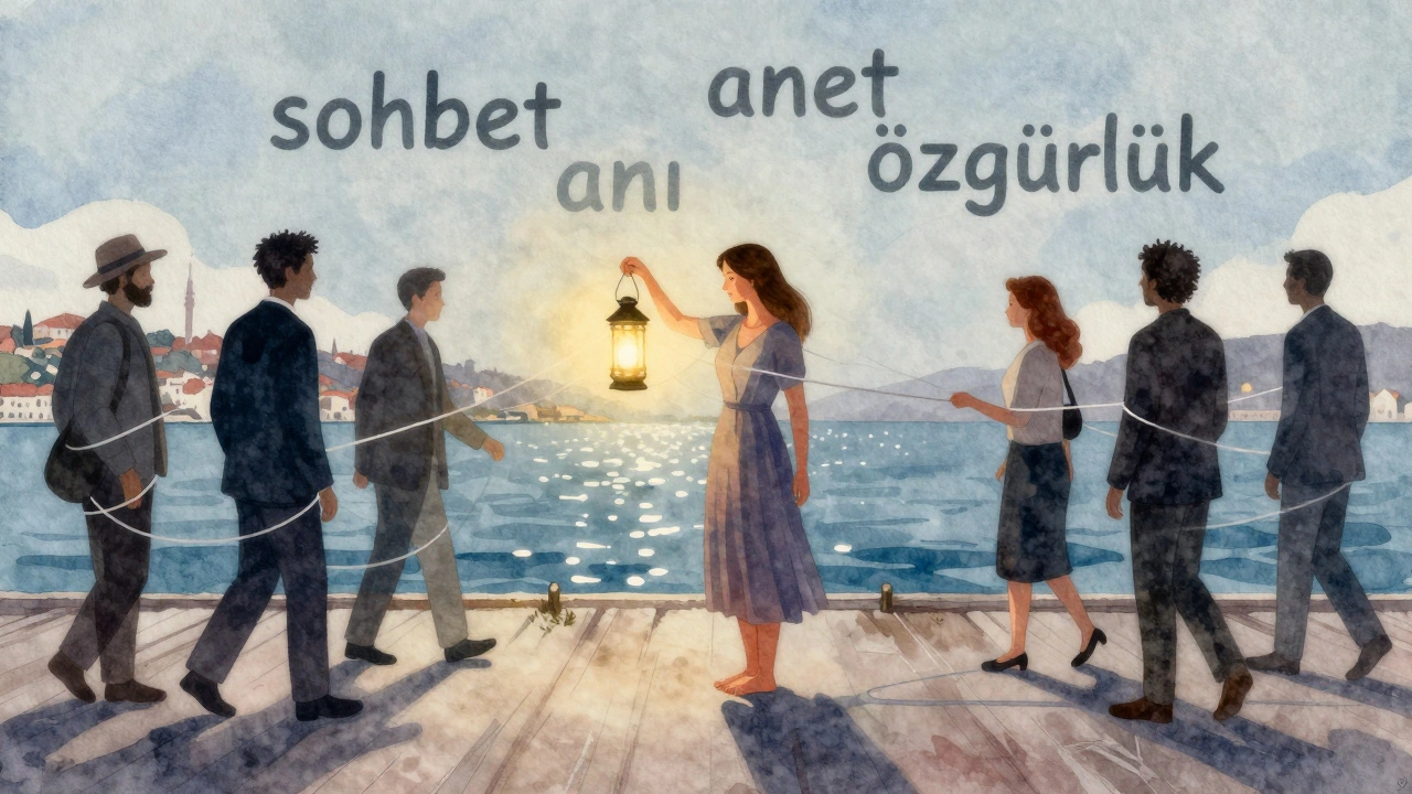 Bir kadın, Bosphorus kıyısında bir fener tutuyor, etrafında &#039;sohbet&#039;, &#039;anı&#039;, &#039;özgürlük&#039; kelimeleriyle şekillenmiş ışık parçaları.