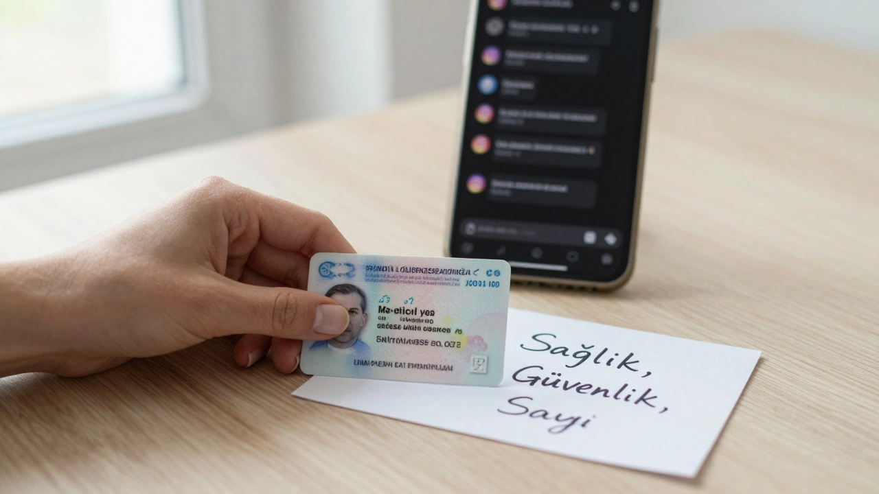 Bir kadın, elindeki kimlik kartını ve 'Sağlık, Güvenlik, Saygı' yazan bir notu masaya koyuyor.