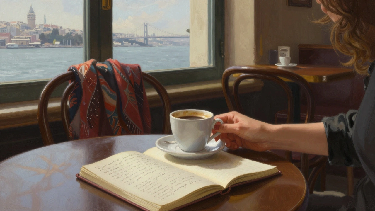 Bir kafe masasında boş sandalyede bir peştemal ve fincan, ışıkta parlayan Boğaz köprüsü görünüyor.
