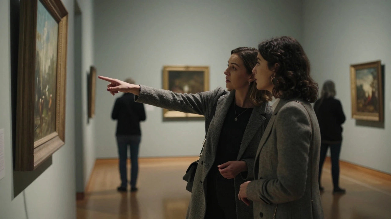 Bir sanat galerisinde, bir kadın bir tabloyu anlatırken eşlik ettiği kişi dikkatle dinliyor.