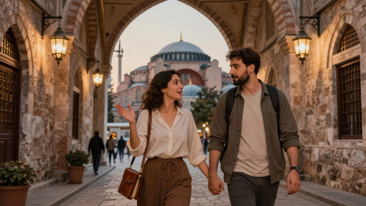 Bir Suriyeli kadın, bir turistle Sultanahmet&#039;te yürüyor ve mimariyi anlatıyor.
