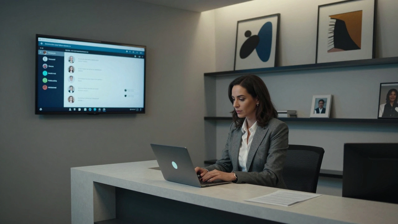 Bir VIP escort ajansının modern ofisinde, bir kadın gizli bir video görüşmesi yapıyor, arka planda sade ve profesyonel bir ortam var.