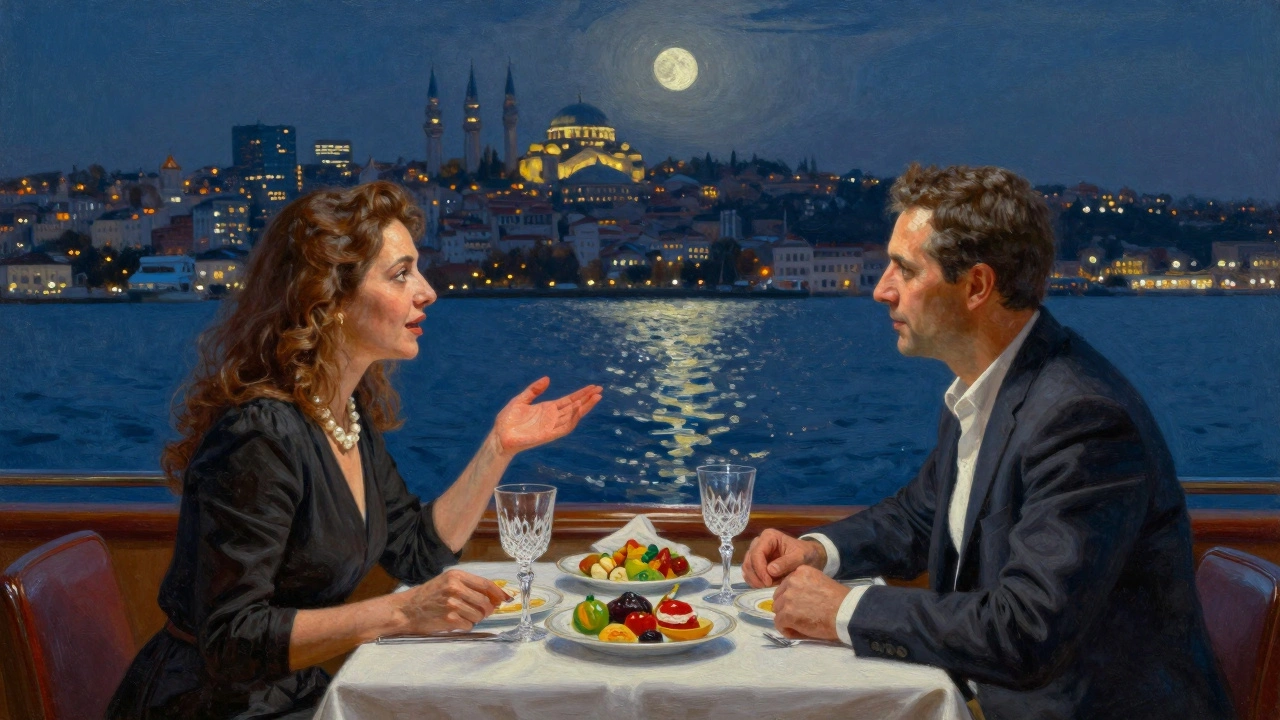 Bosphorus'ta özel bir yat üzerinde, bir çift lüks bir akşam yemeği yapıyor, İstanbul'un ışıkları arka planda parlıyor.