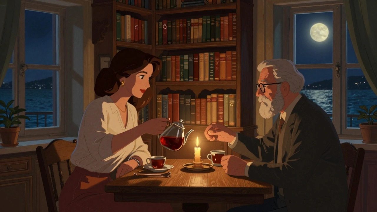 Çengelköy&#039;de bir villa içinde, kadın ve yabancı bir müşteriyle çay içiyor, kitaplık ve mum ışığı var.