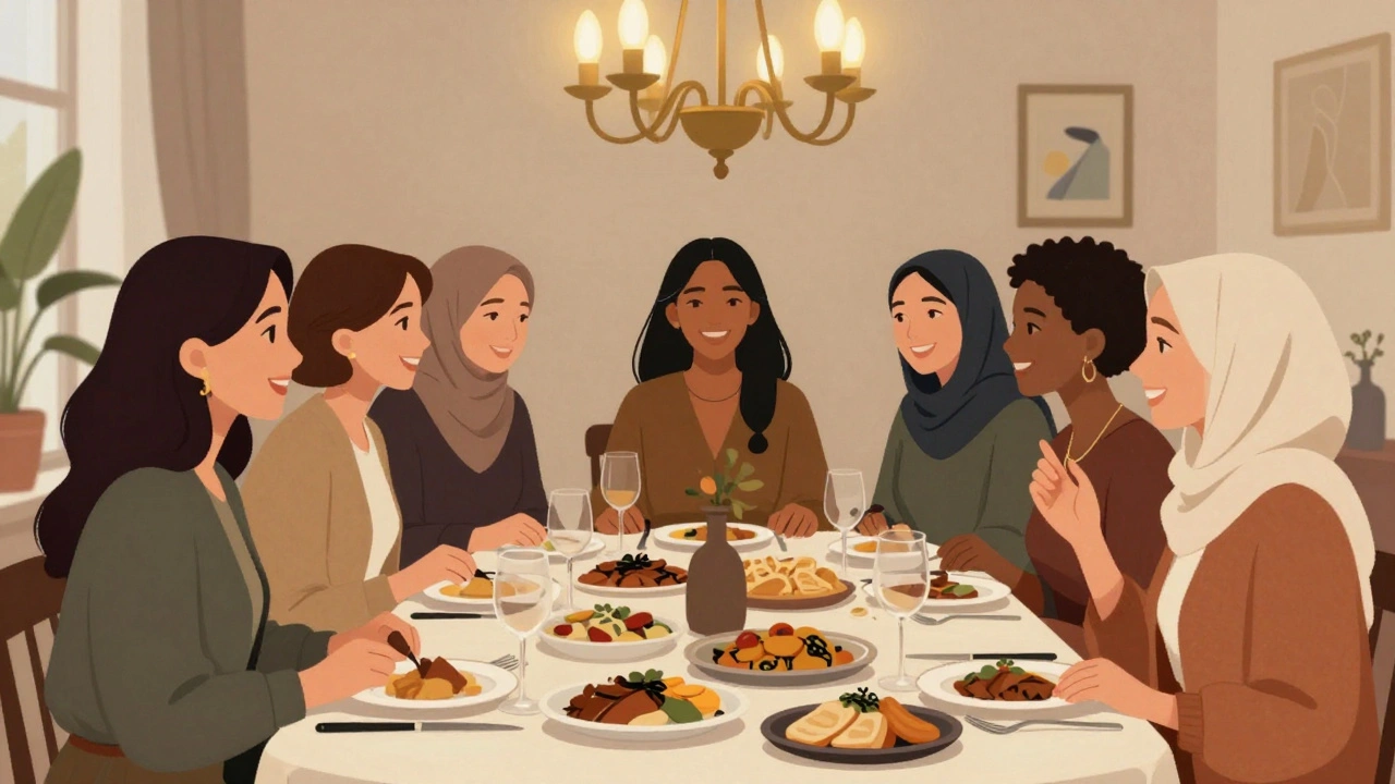 Çeşitli etnik kökenli kadınlar, İstanbul&#039;da bir akşam yemeğinde sohbet ediyor, sıcak ışıkta.