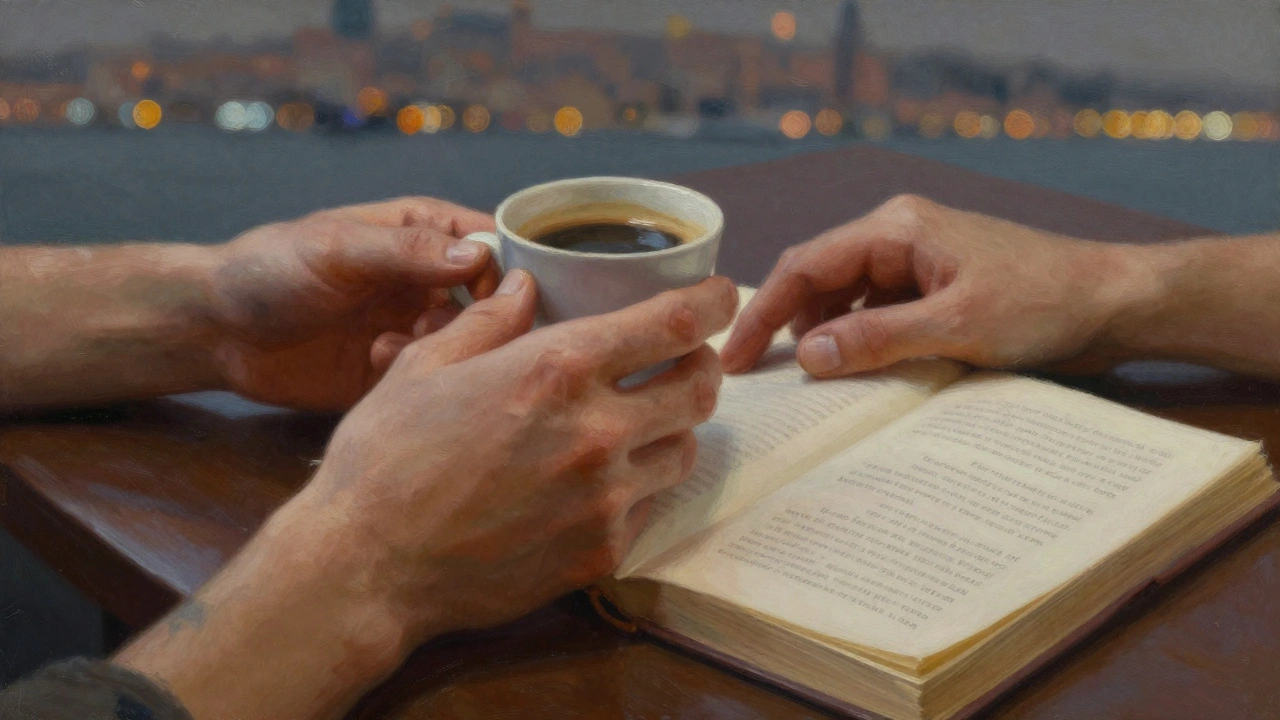 Eller bir kahve kupası ve bir kitap üzerinde, İstanbul&#039;un bulanık ışıkları arka planda.