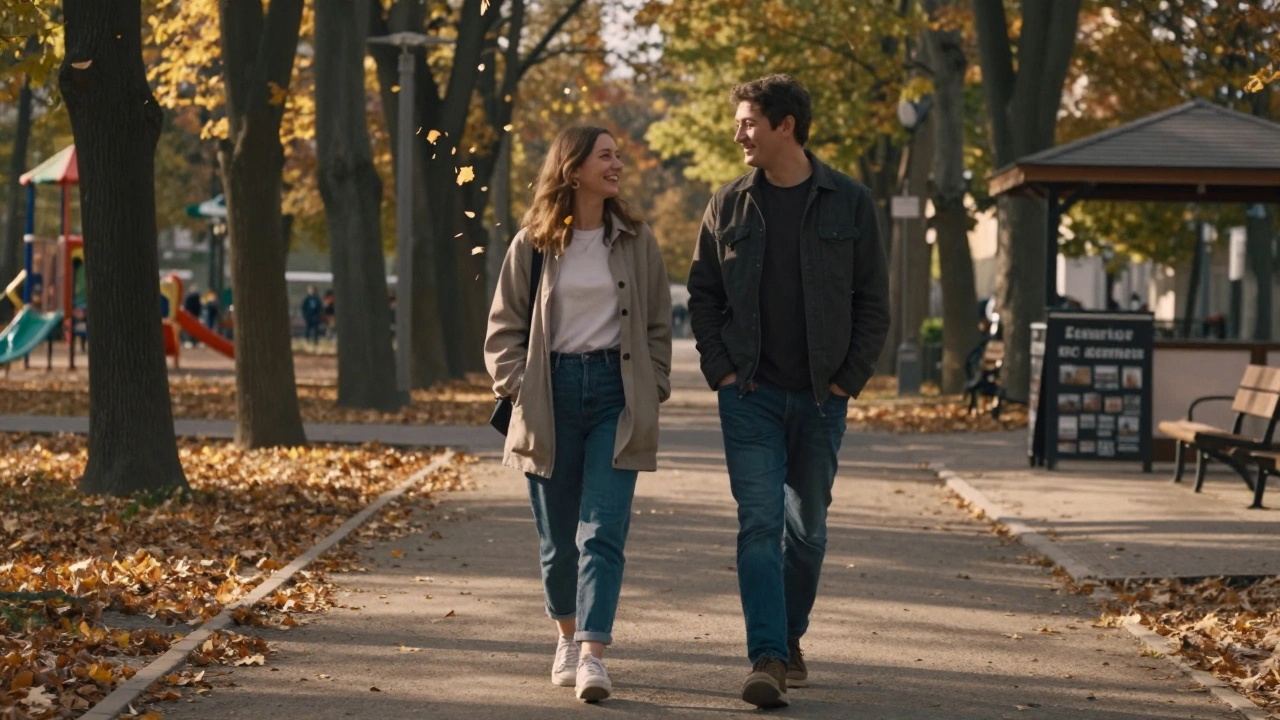 Esenler&#039;de bir parkta güneşin batışında yürüyen iki kişi, hafifçe gülüşüyor.