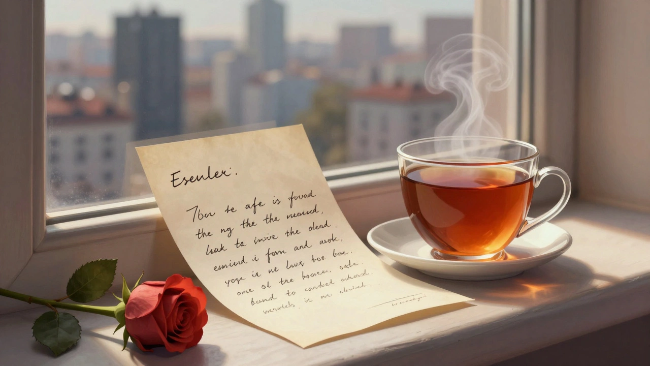 Esenler manzarasının aynalı pencerede yansıması yanında bir çay ve mektupla birlikte.