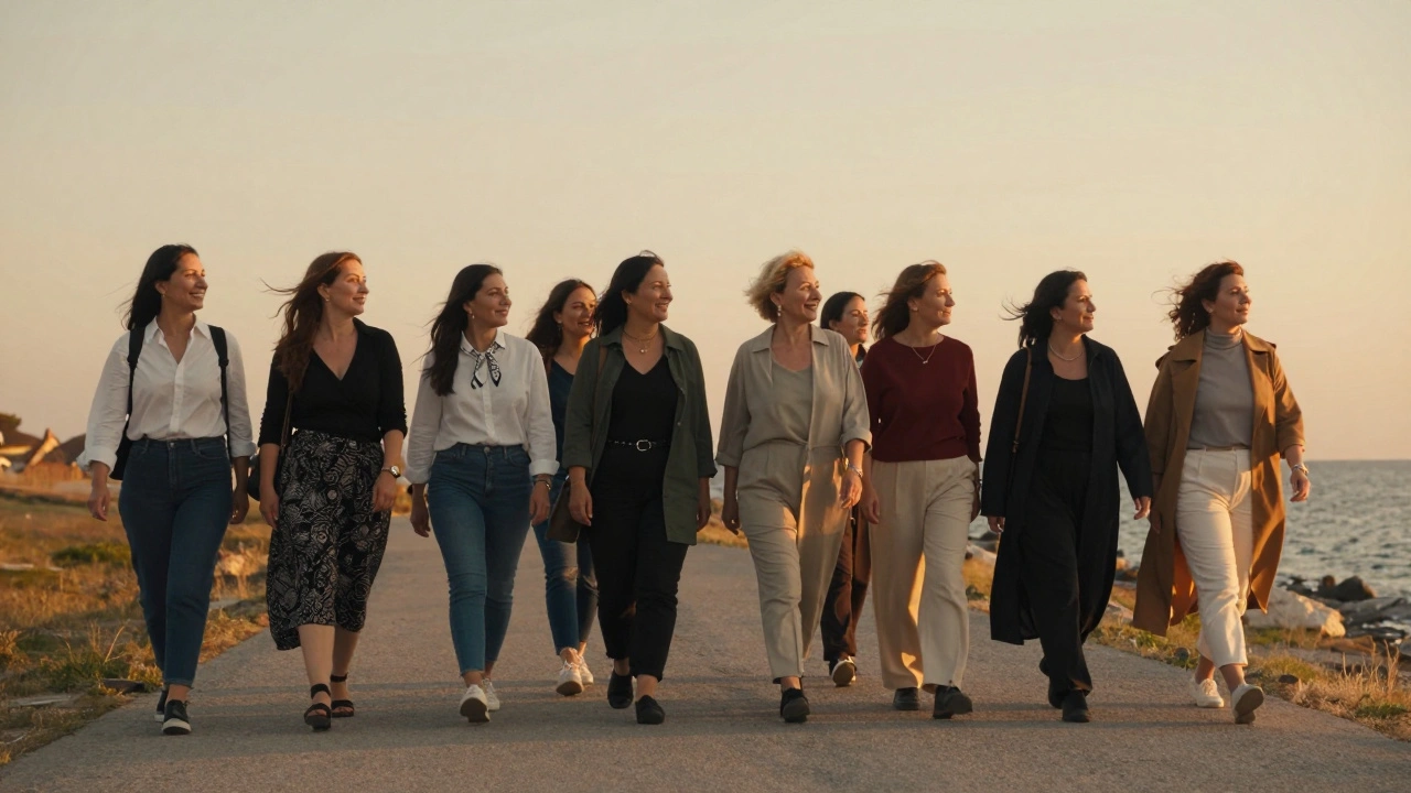 Farklı etnik kökenli kadınlar, günde sonu ışıklarında sahilde yürüyor.