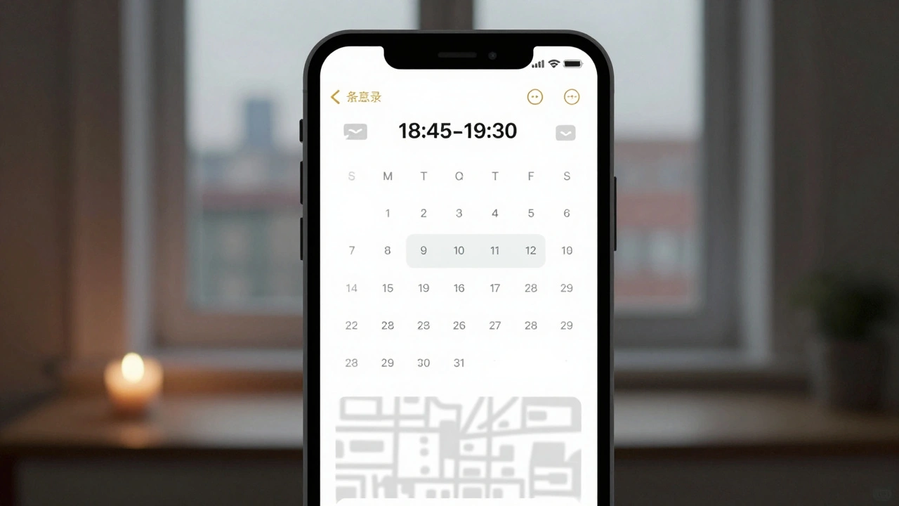 Gizli bir uygulama ekranı, zamanlanmış randevu ve bulanık konum bilgisiyle.
